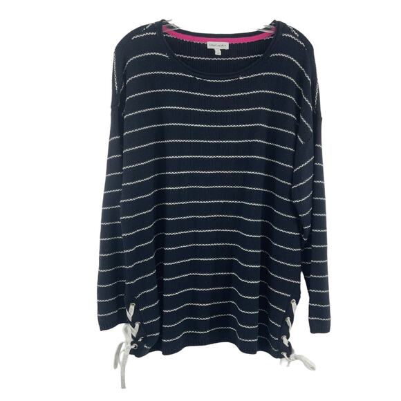 Gina Laura Navy & Silver Striped Side Ties Knit Sweater XL Womens - Picture 1 of 4